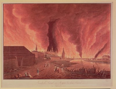 Ansicht des Kremls während des Moskauer Brandes im September 1812, graviert von Schmidt von Christian Johann Oldendorp